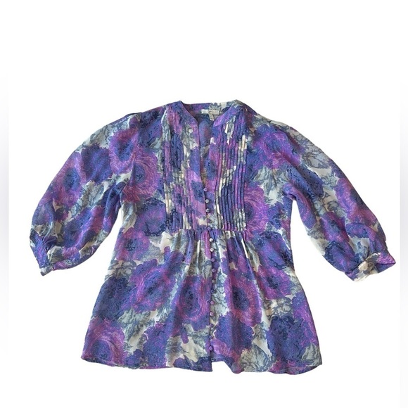 Joie purple floral 100% silk 3/4 sleeve button front top blouse size XS - Picture 7 of 13